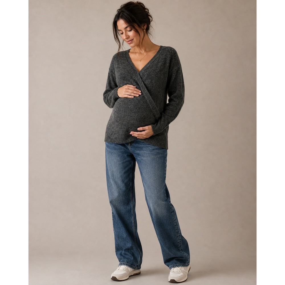 Old Navy Women Maternity Sweater L Gray Faux Wrap V-Neck Long Sleeve Knit